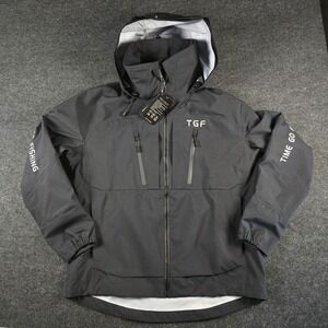 TGF Time Go Fishing Black Waterproof Hooded Shell Jacket Utility Outdoors Mens L